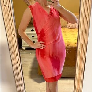 T Tahari Coral to Red Sleeveless Wrap-Style Midi Dress